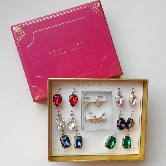 Unwritten Interchangeable Earring Box Set W/ 6 Different Glass Charms 14K Gold - Picture 1 of 7